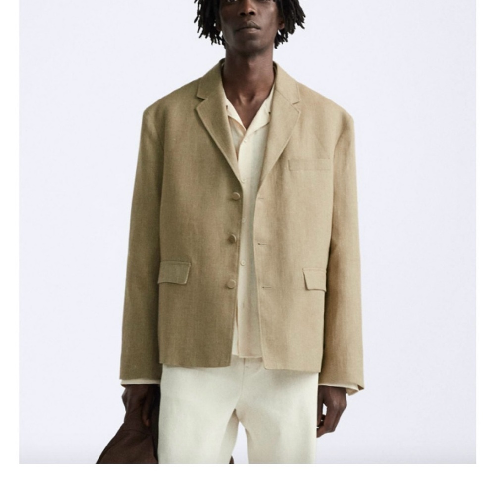 Zara Mens Linen Blend Blazer Jacket 3-Button Tan Relaxed Boxy US 42